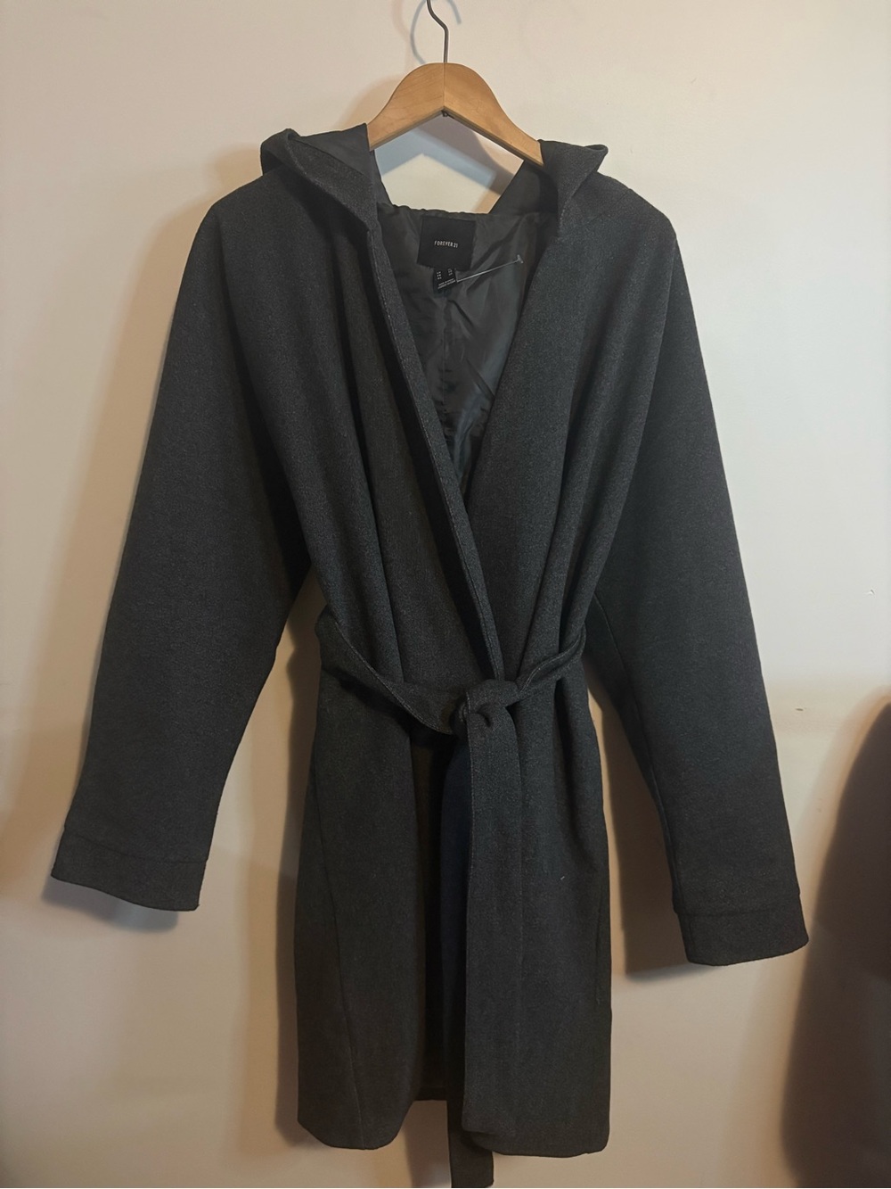 Forever 21 Hooded Belted Charcoal Black Trench Coat Size XL